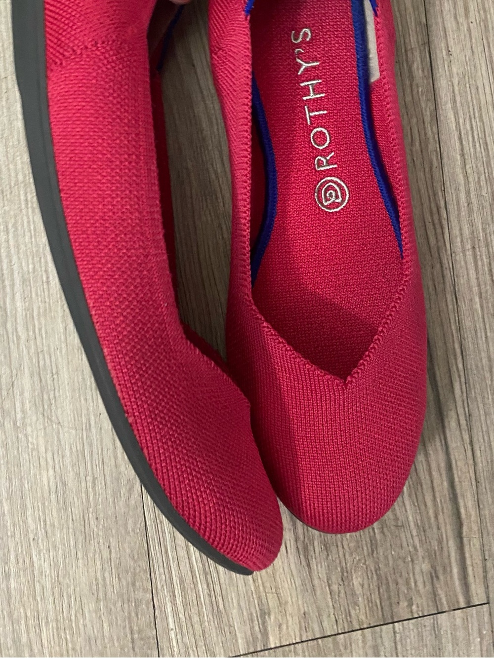 Rothy's Bright Pink Knit V-Cut Flats with Blue Trim - Picture 8 of 12